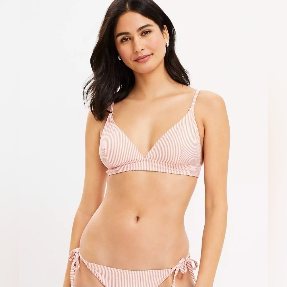 NWT | LOFT | Beach Striped Seersucker Triangle Bikini Top | L | Paradise Peach